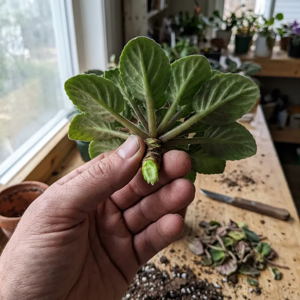 Decapitated African Violet crown ready for repotting