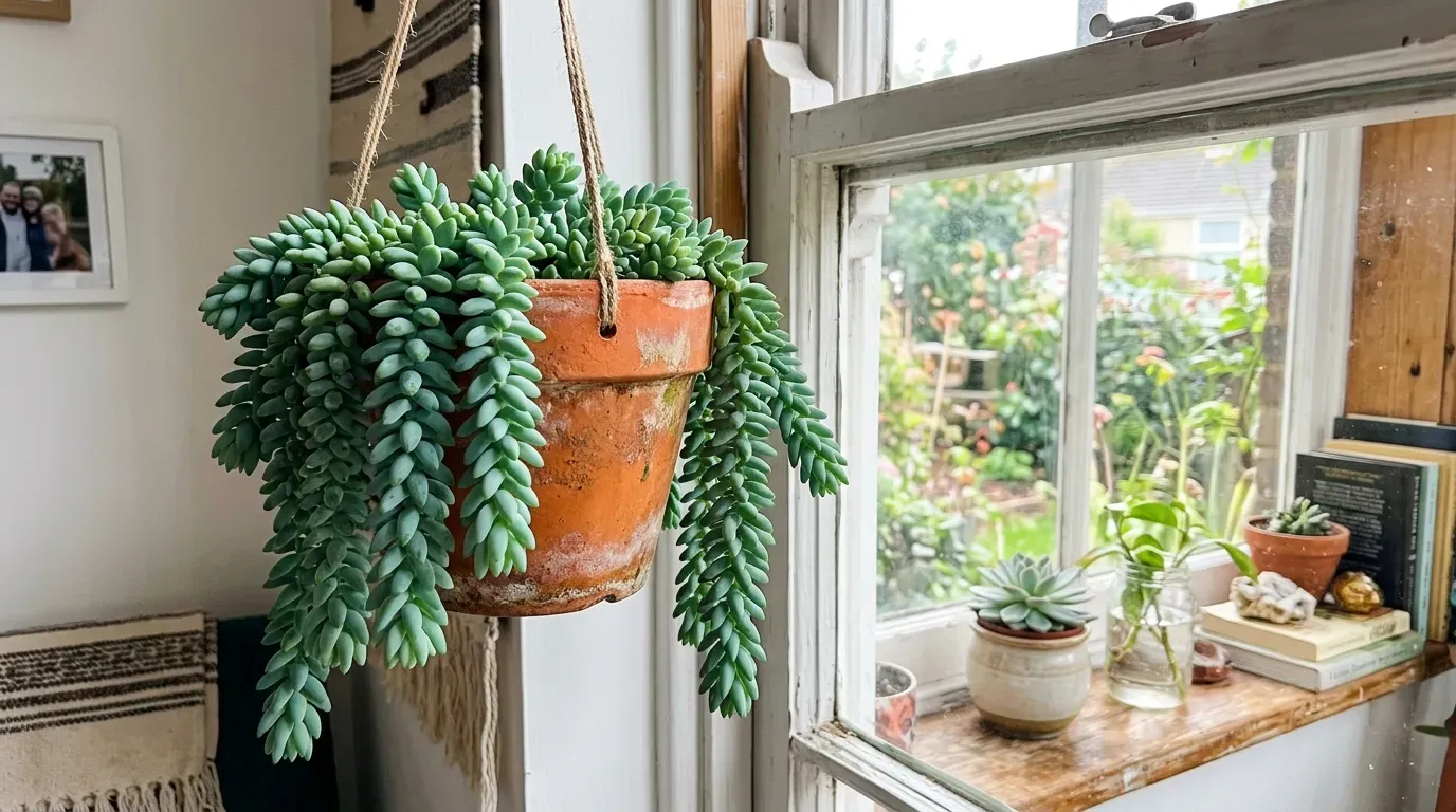 Burro's Tail in an orange terra cotta hanging pot