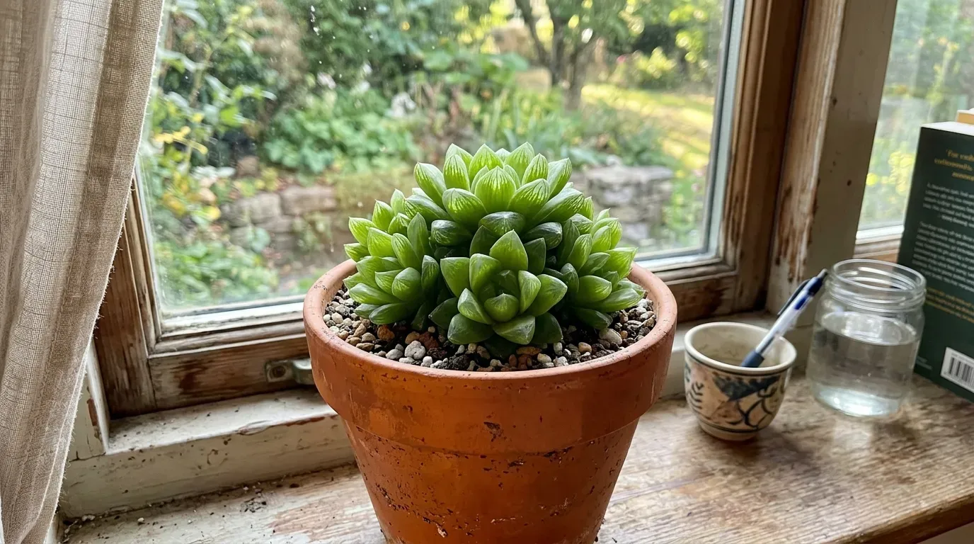 Cathedral Window Haworthia in an orange terra cotta pot