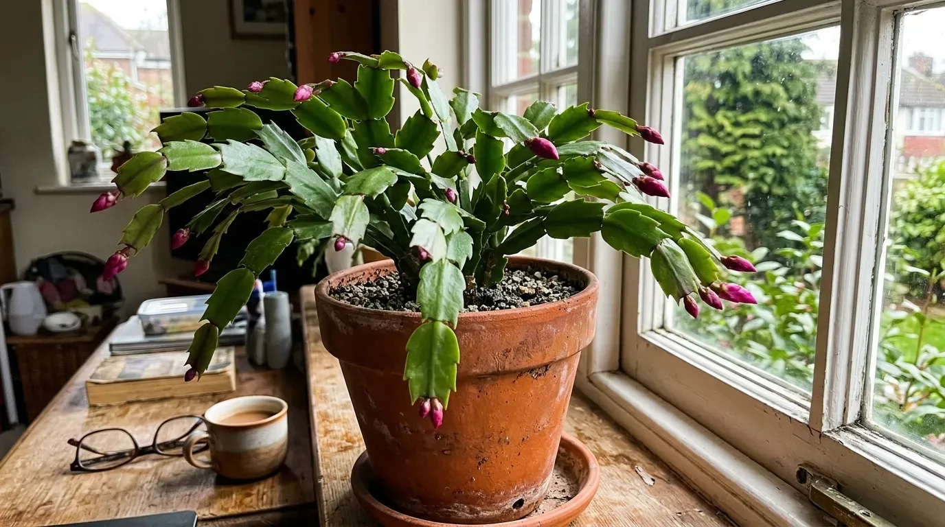 Christmas Cactus in an orange terra cotta pot