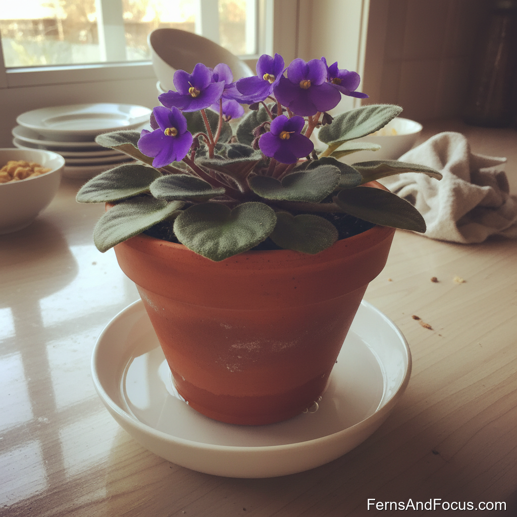 Bottom watering an African Violet in a shallow bowl