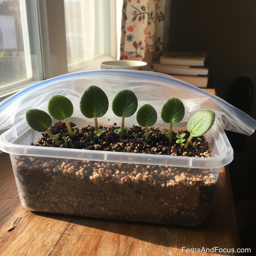 African Violet leaf cuttings in a humidity bag