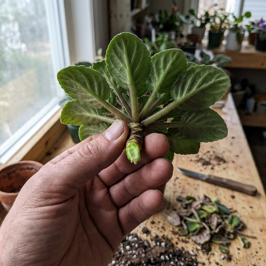 Decapitated African Violet crown ready for repotting