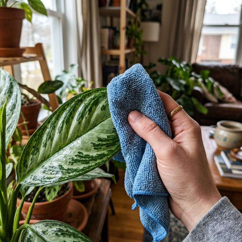 Wiping dust off Aglaonema leaves