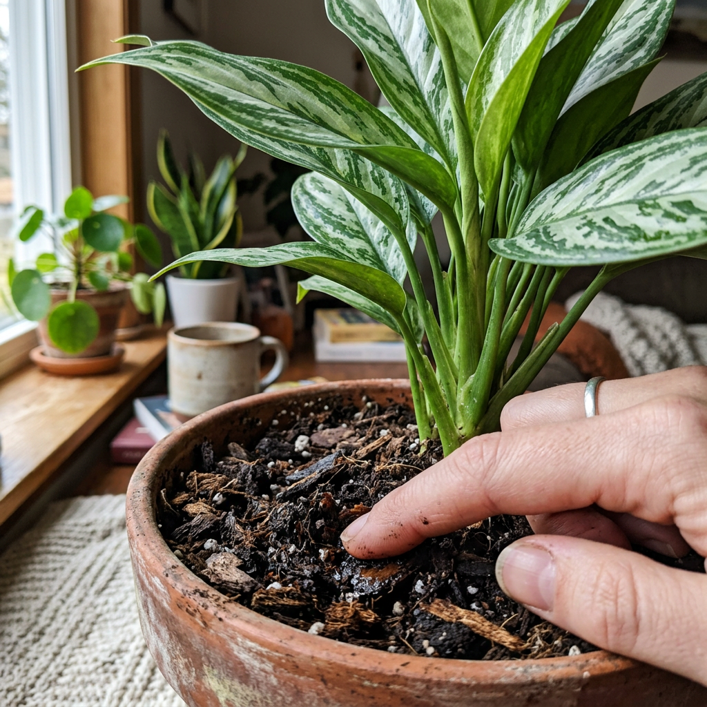 Checking Aglaonema soil moisture