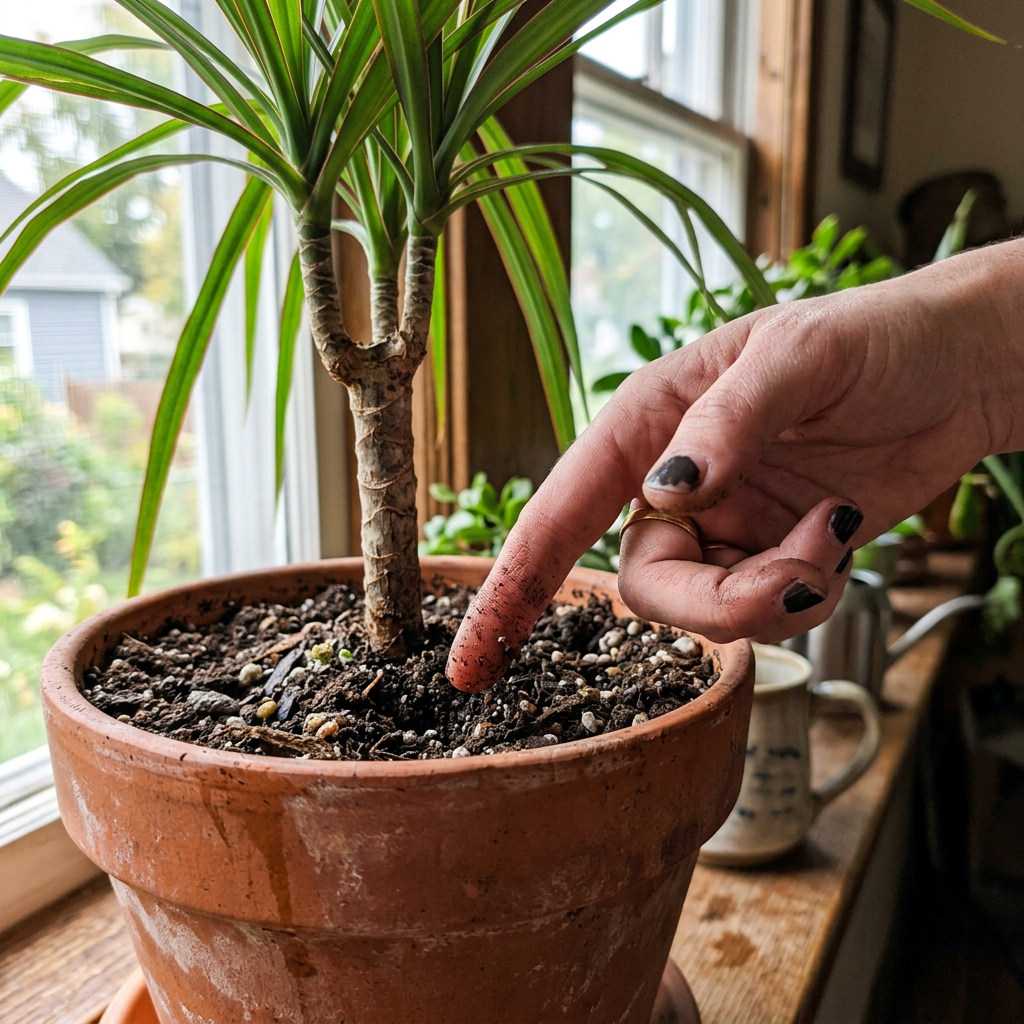 Checking Dracaena soil moisture