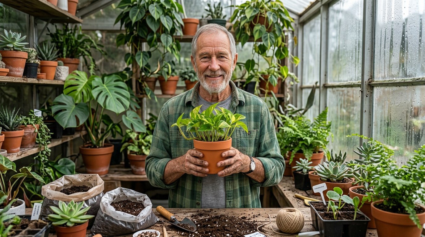 Silas working at his potting bench in his home greenhouse